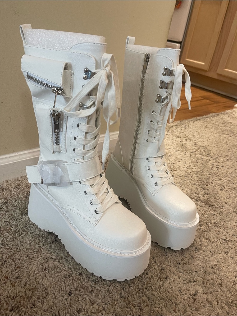 White Platform Lace-Up Zip Combat Boots with Buckle Strap